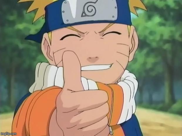 Naruto Uzumaki, a white boy with blonde hair wearing an orange tracksuit, smiles and gives a thumbs up to the viewer