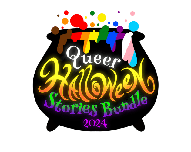 black cauldron with colors of the pride flag coming out of the top. the front of the cauldron reads Queer Halloween Stories Bundle 2024 in alternating white, neon orange and yellow, and purple and green, colors.